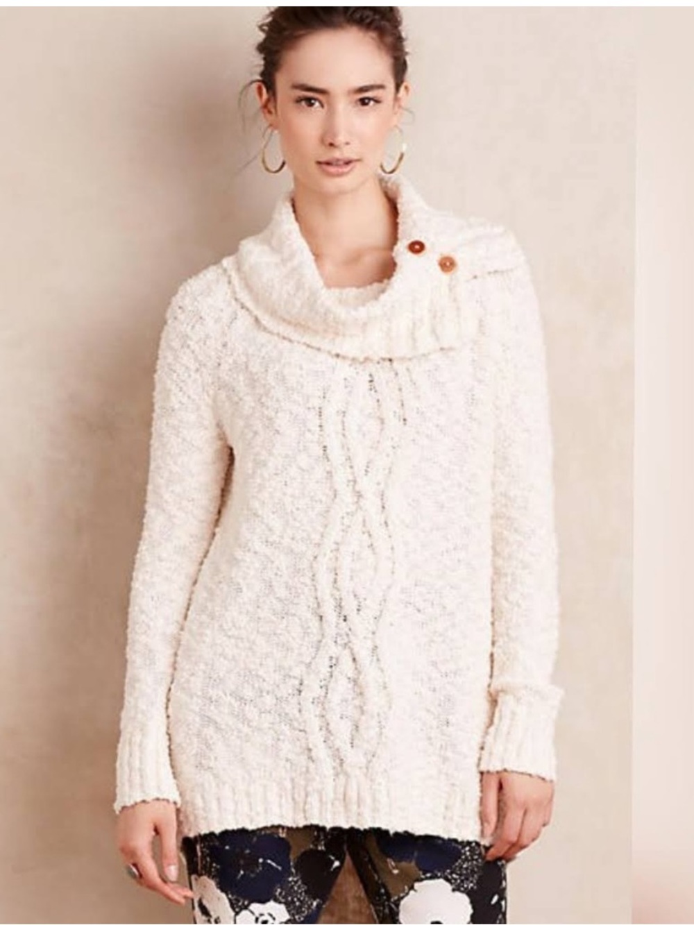 Anthropologie Moth Cream Knit Cowl Turtleneck Sweater Tunic Cotton Medium